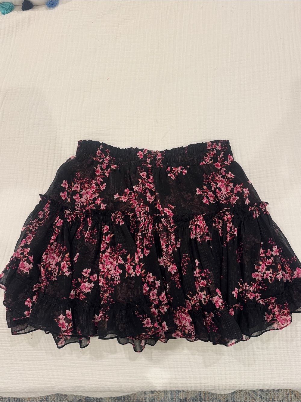 Misa Los Angeles Black Mini Skirt with Pink Floral Print
